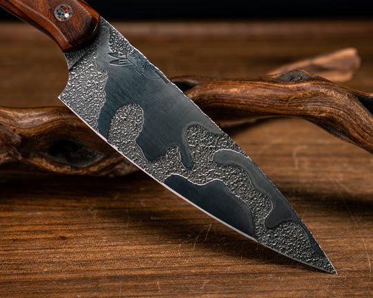 Steak Knife Set (4 piece)- Desert Ironwood, Black G10 and Copper Pin Striping, African Blackwood Split, Copper Patriot Mosaic Pins, Smooth Grip