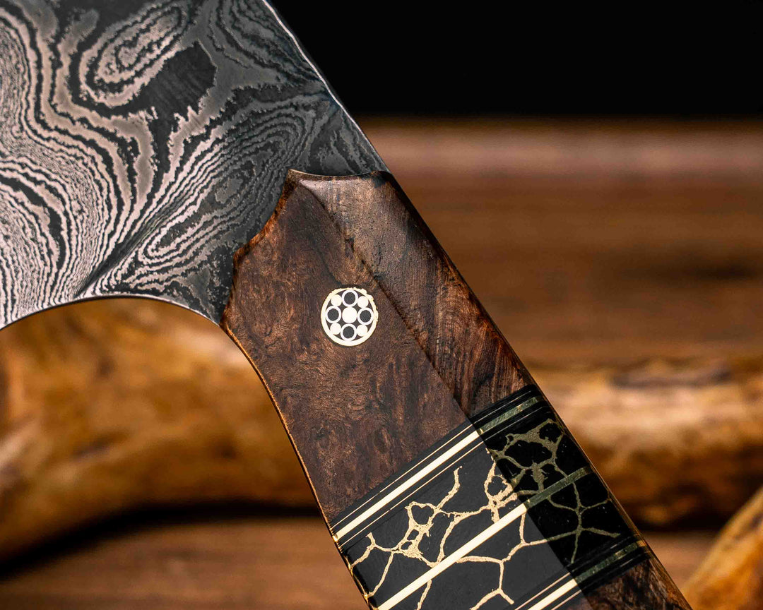 Chef Blade- Baker Forge Ladder Pattern Damascus- Asian Mahogany, Black G10 and Brass Pin Striping, Black with Gold Web Tru-stone Split, Mosaic Pins, Smooth Grip