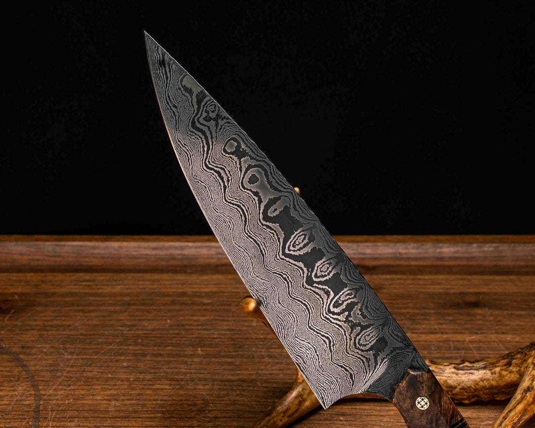 Chef Blade- Baker Forge Ladder Pattern Damascus- Asian Mahogany, Black G10 and Brass Pin Striping, Black with Gold Web Tru-stone Split, Mosaic Pins, Smooth Grip