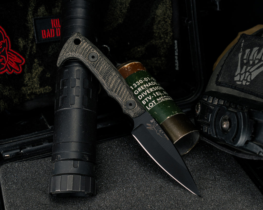 Special K HFB-X-KBD Collab- Black Canvas Micarta, Armor Black Cerakote, Allen Bolts, Textured Grip