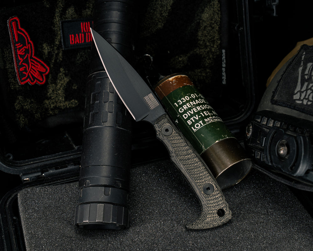 Special K HFB-X-KBD Collab- Black Canvas Micarta, Armor Black Cerakote, Allen Bolts, Textured Grip
