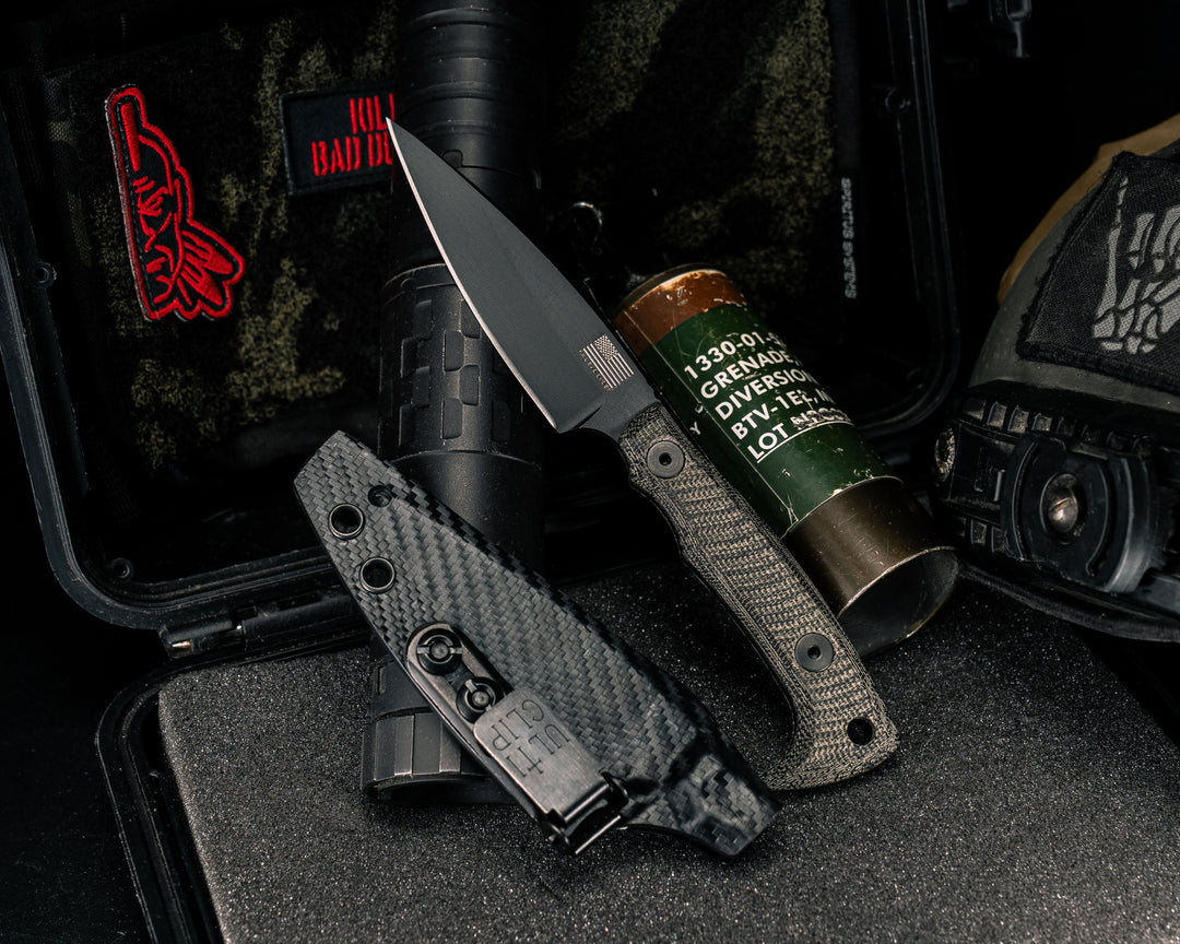 Special K HFB-X-KBD Collab- Black Canvas Micarta, Armor Black Cerakote, Allen Bolts, Textured Grip