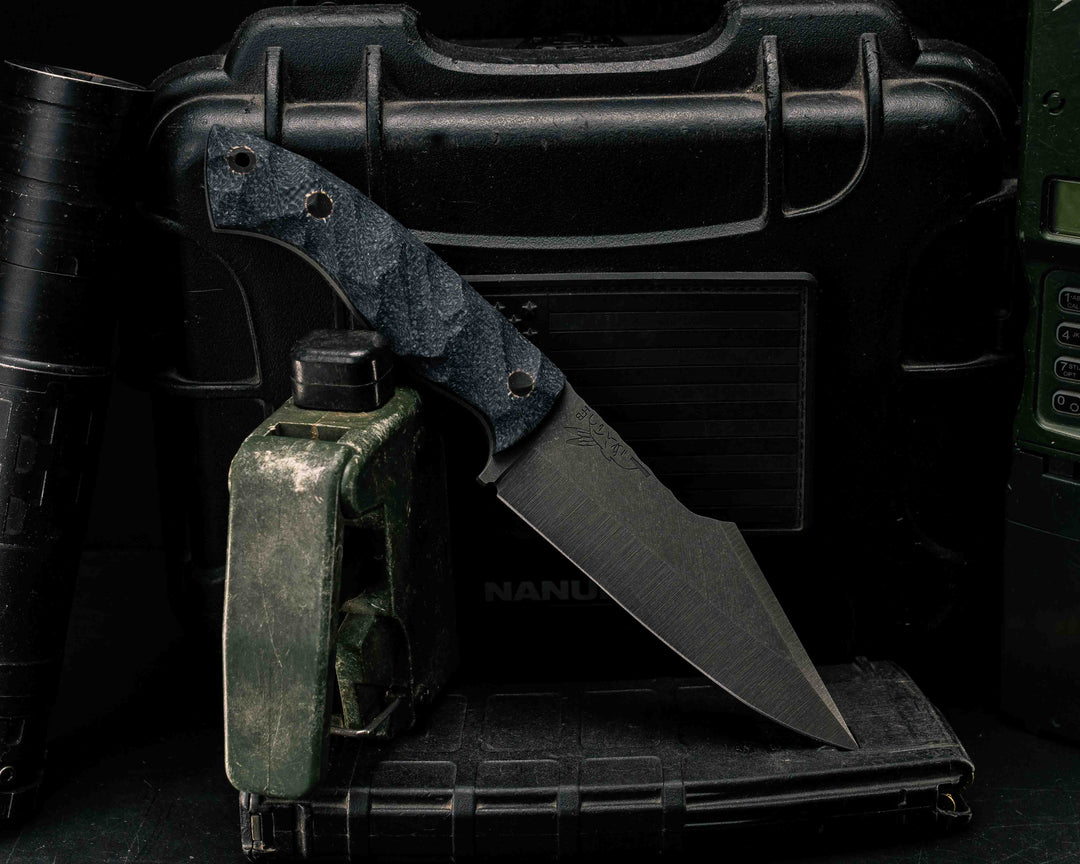 Widow Maker- Midnight Black Jute Micarta, CF Pins, CF Lanyard Pin, Textured Grip