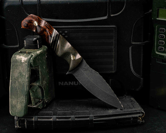 Ishi- OD Green Canvas Micarta, Black G10 and Brass Pin Striping, Burgundy Canvas Micarta and Brass Split, Desert Ironwood, Mosaic Pins, Textured Grip
