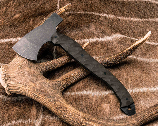 Camp Hatchet- Vintage Linen Micarta Natural Brown, CF Pins, Textured Grip