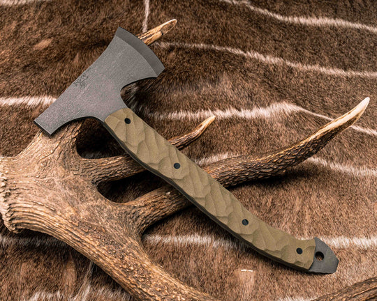 Hatchet Hybrid- OD Green Canvas Micarta, CF Pins, CF Lanyard Pin, Textured Grip