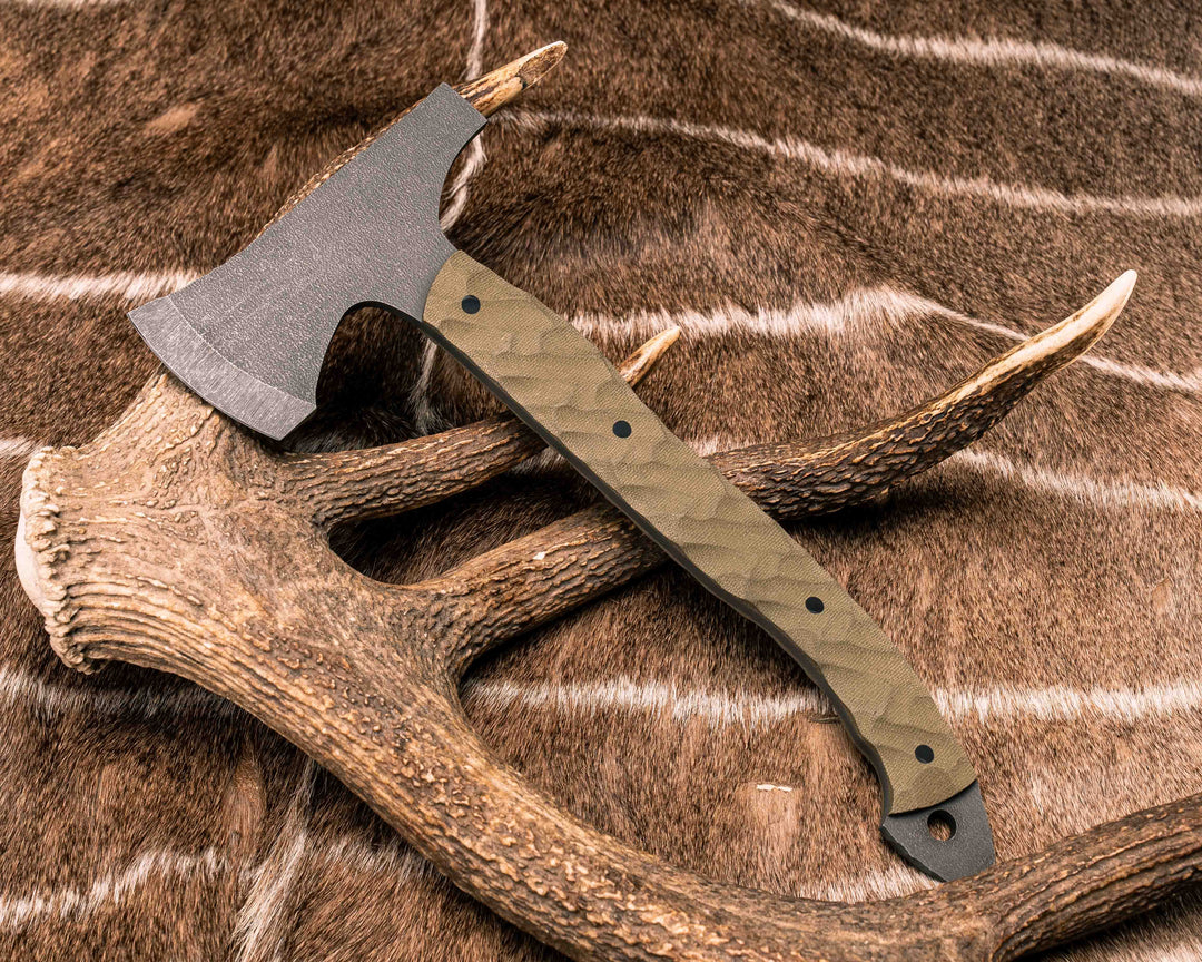 Hatchet Hybrid- OD Green Canvas Micarta, CF Pins, CF Lanyard Pin, Textured Grip