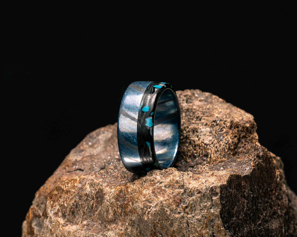 Ring- Timascus and Turquoise Rocky Wave Carbon Fiber Split