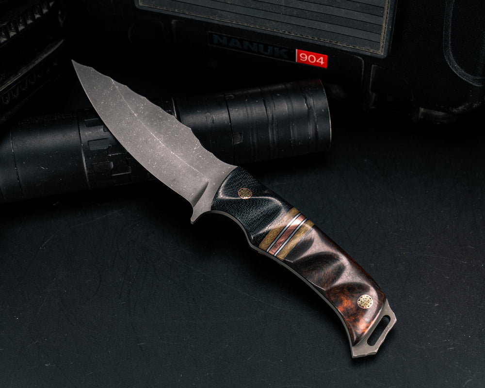 Ishi- Black Canvas Micarta, OD Green Canvas Micarta, Black G10, Aluminum and Copper Split, Desert Ironwood, Mosaic Pins, Textured Grip