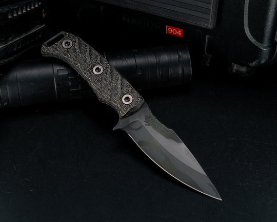 Ishi- Black Burlap Micarta, Black Multicam, Allen Bolts, Textured Grip