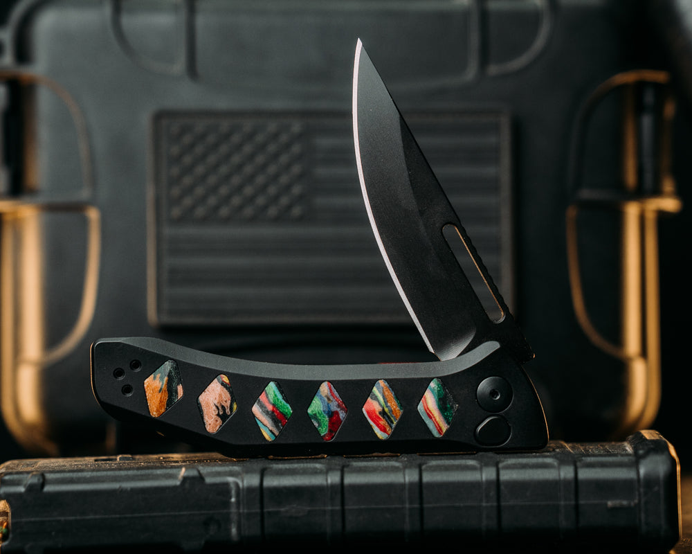 Custom Kwaiken Folder- Biggie Coogi Sweater Micarta, Anodized Black Handle, Black Nitride Blade, Smooth Grip, Deep Carry Pocket Clip