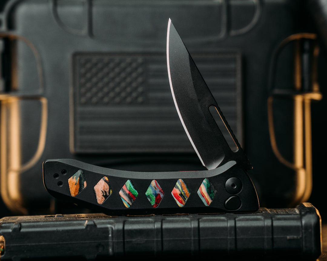 Custom Kwaiken Folder- Biggie Coogi Sweater Micarta, Anodized Black Handle, Black Nitride Blade, Smooth Grip, Deep Carry Pocket Clip