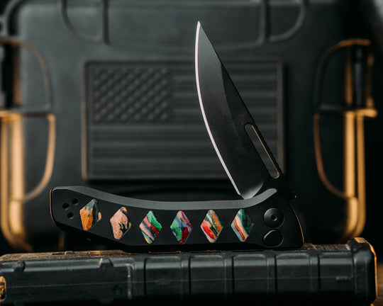 Custom Kwaiken Folder- Biggie Coogi Sweater Micarta, Anodized Black Handle, Black Nitride Blade, Smooth Grip, Deep Carry Pocket Clip