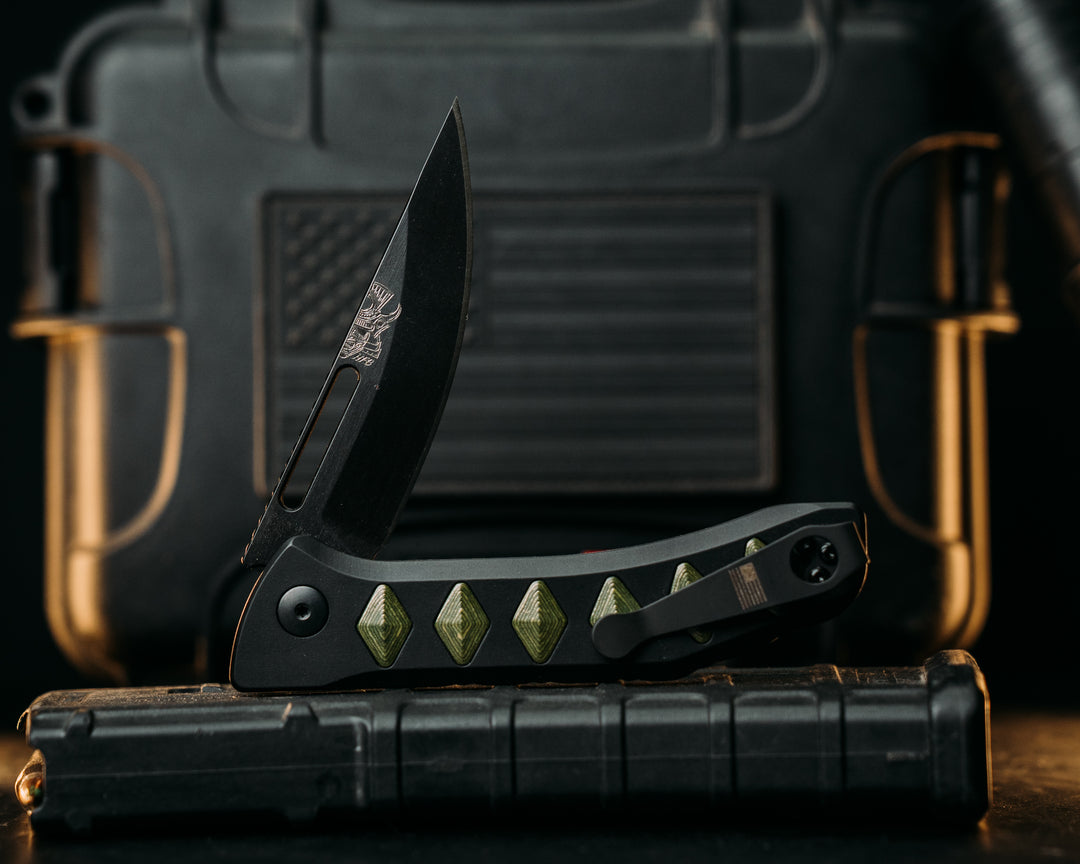 Custom Kwaiken Folder - Money Camo Quartz, Anodized Black Handle, Black Nitride Blade, Textured Grip, Deep Carry Pocket Clip