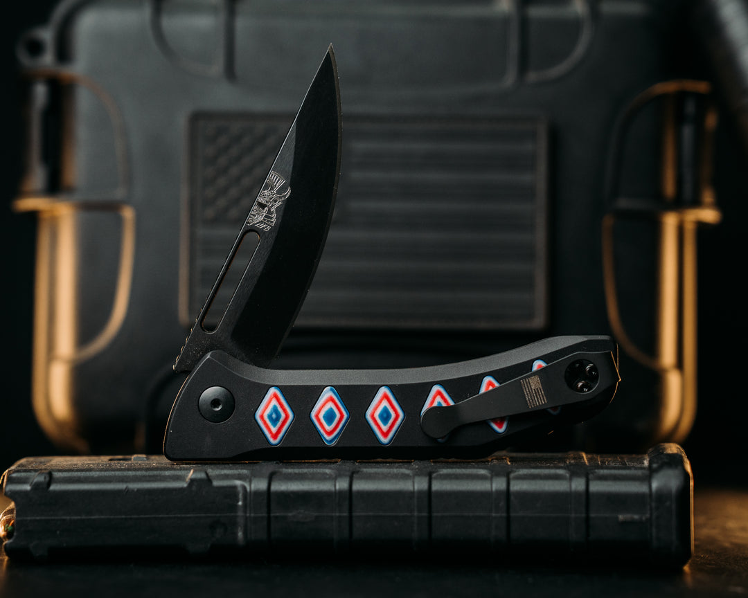 Custom Kwaiken Folder - Freedom Camo Quartz, Anodized Black Handle, Black Nitride Blade, Textured Grip, Deep Carry Pocket Clip