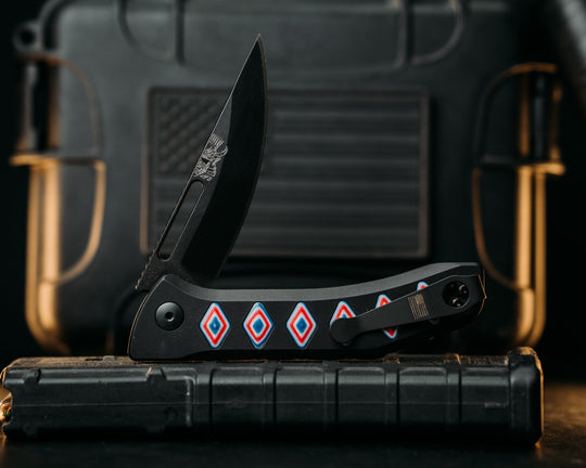 Custom Kwaiken Folder - Freedom Camo Quartz, Anodized Black Handle, Black Nitride Blade, Textured Grip, Deep Carry Pocket Clip