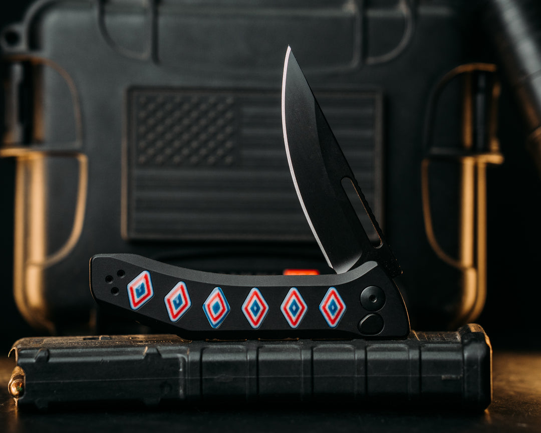 Custom Kwaiken Folder - Freedom Camo Quartz, Anodized Black Handle, Black Nitride Blade, Textured Grip, Deep Carry Pocket Clip