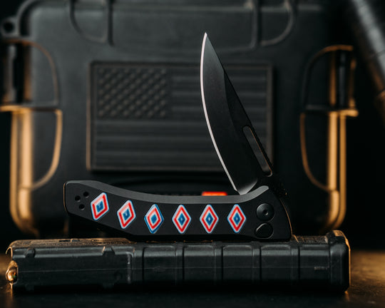Custom Kwaiken Folder - Freedom Camo Quartz, Anodized Black Handle, Black Nitride Blade, Textured Grip, Deep Carry Pocket Clip