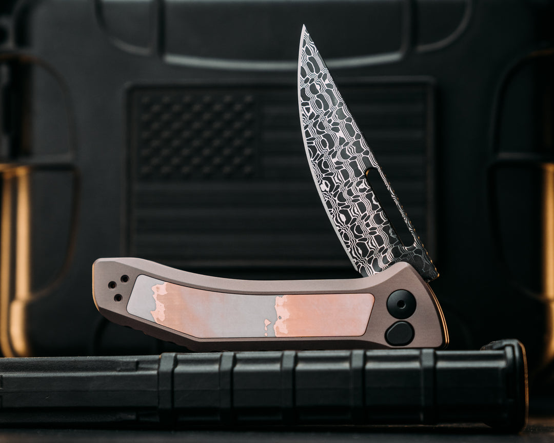 Custom Kwaiken Folder- Vegas Forge Basketweave Damascus- Bias Cut Copper & White MorphTpT Inlay- Anodized Gray Handle, Smooth Grip, Deep Carry Pocket Clip