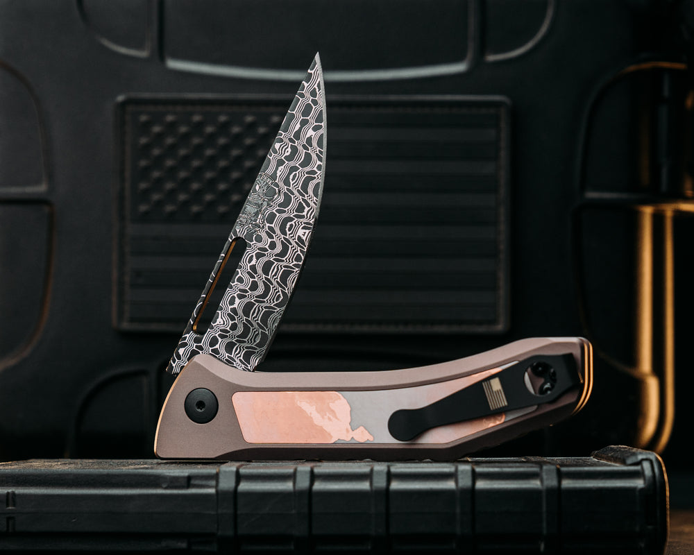 Custom Kwaiken Folder- Vegas Forge Basketweave Damascus- Bias Cut Copper & White MorphTpT Inlay- Anodized Gray Handle, Smooth Grip, Deep Carry Pocket Clip