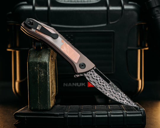 Custom Kwaiken Folder- Vegas Forge Basketweave Damascus- Bias Cut Copper & White MorphTpT Inlay- Anodized Gray Handle, Smooth Grip, Deep Carry Pocket Clip