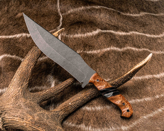 American Bowie- Afzelia Black G10 and Copper Pin Striping, Black Burlap Micarta and Black with Copper Web Tru-stone Split, Copper Patriot Pins, CF Lanyard Pin, Textured Grip