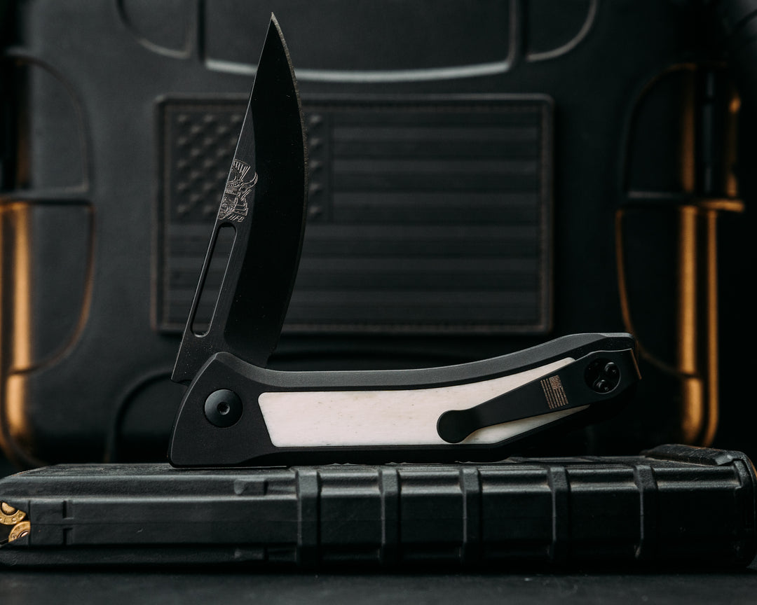 Custom Kwaiken Folder- Giraffe Bone, Anodized Black Handle, Black Nitride Blade, Textured Grip, Deep Carry Pocket Clip