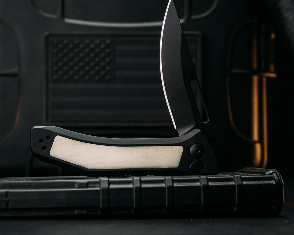 Custom Kwaiken Folder- Giraffe Bone, Anodized Black Handle, Black Nitride Blade, Textured Grip, Deep Carry Pocket Clip