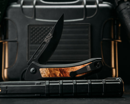 Custom Kwaiken Folder- Amboyna, Anodized Black Handle, Black Nitride Blade, Textured Grip, Deep Carry Pocket Clip