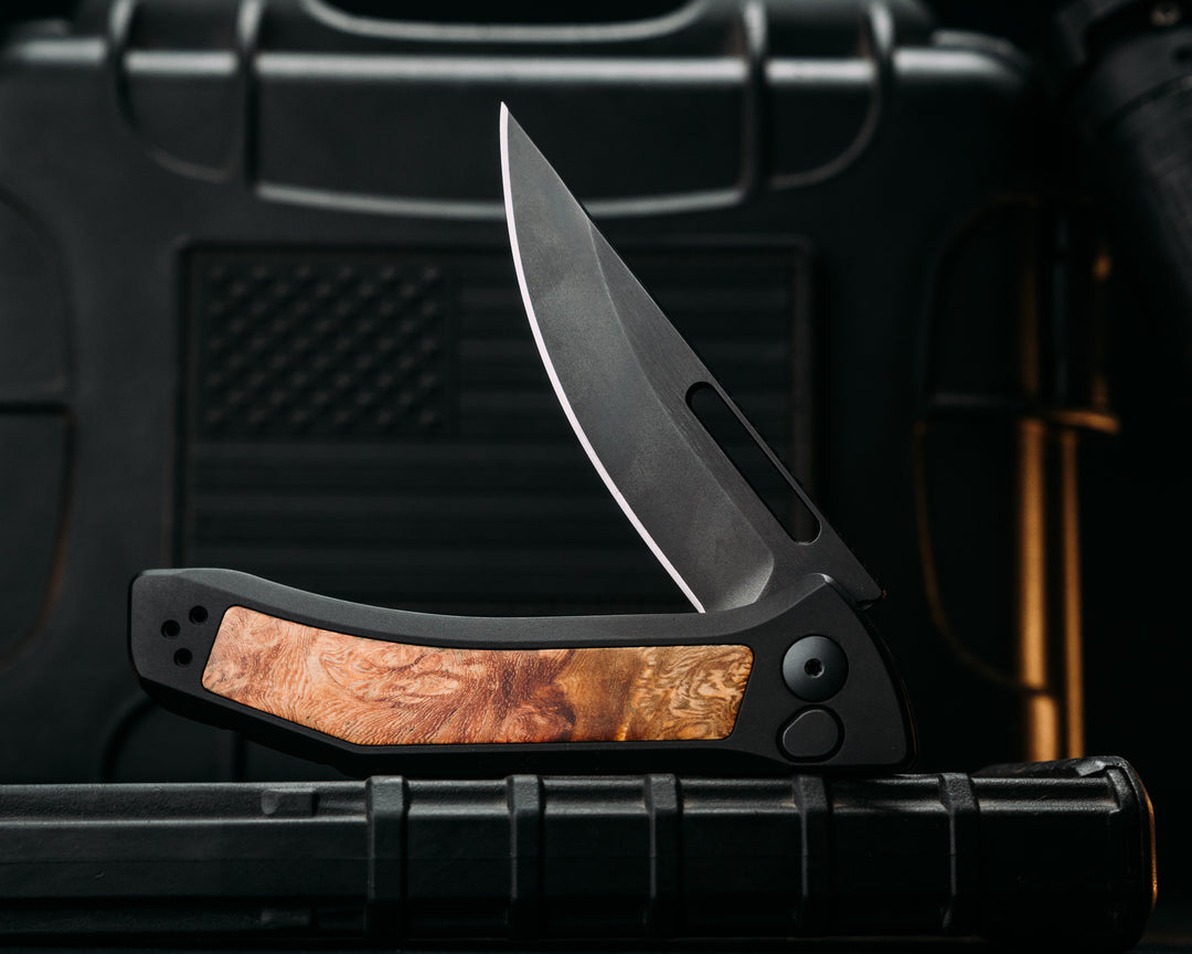Custom Kwaiken Folder- Amboyna, Anodized Black Handle, Black Nitride Blade, Textured Grip, Deep Carry Pocket Clip