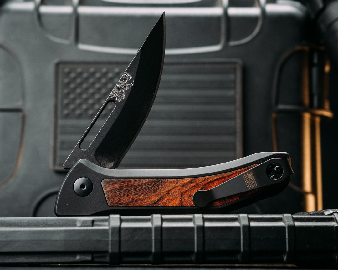 Custom Kwaiken Folder- Rosewood, Anodized Black Handle, Black Nitride Blade, Textured Grip, Deep Carry Pocket Clip