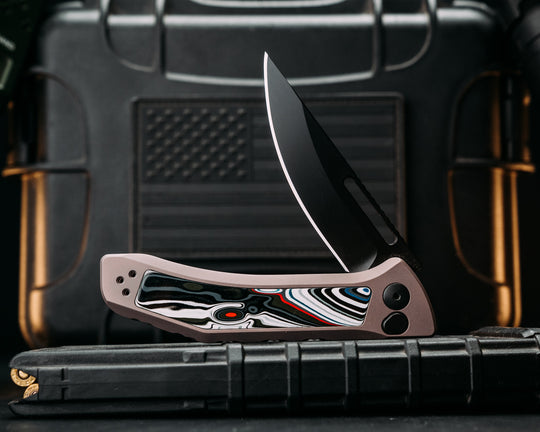 Custom Kwaiken Folder -  Fordite, Anodized Gray Handle, Black Nitride Blade, Textured Grip, Deep Carry Pocket Clip