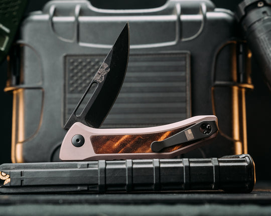 Custom Kwaiken Folder -  Hawaiian Curly Koa, Anodized Gray Handle, Black Nitride Blade, Textured Grip, Deep Carry Pocket Clip