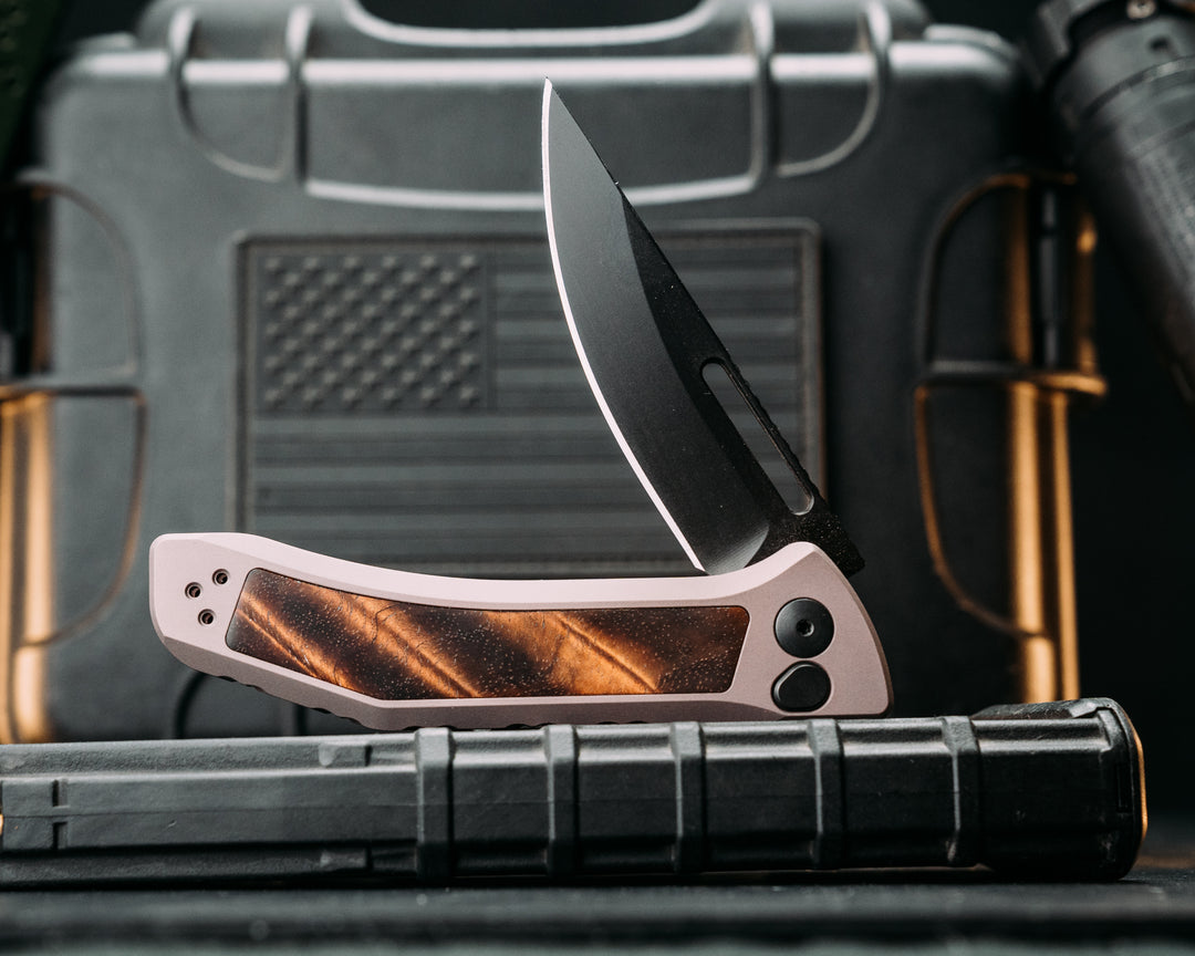 Custom Kwaiken Folder -  Hawaiian Curly Koa, Anodized Gray Handle, Black Nitride Blade, Textured Grip, Deep Carry Pocket Clip