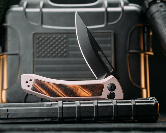 Custom Kwaiken Folder -  Hawaiian Curly Koa, Anodized Gray Handle, Black Nitride Blade, Textured Grip, Deep Carry Pocket Clip