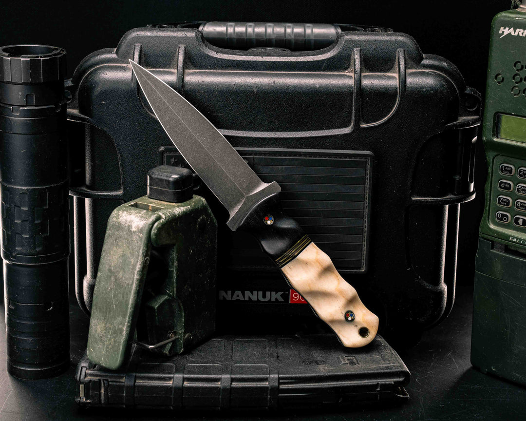 Combat Dagger- African Blackwood, Black G10, Brass and Earth G10 Split, Giraffe Bone, Patriot Mosaic Pins, Brass Lanyard Pin, Textured Grip