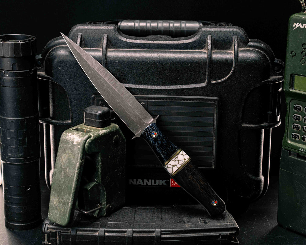 Fairbairn Sykes- Dyed Giraffe Bone, Black G10 and Brass Pin Striping, White with Gold Web Tru-stone Split, African Blackwood, Patriot Mosaic Pins, Smooth Grip