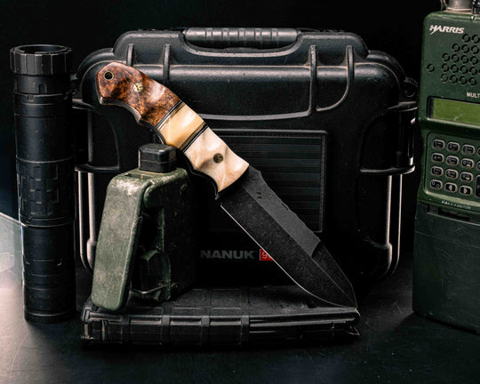 Disaster Breacher Gen 3- Giraffe Bone, Black G10, White G10, Brass and Coyote G10 Pin Striping, Giraffe Bone Split, Lion's Blood Amboyna, Mosaic Pins, Brass Lanyard Pin, Textured Grip