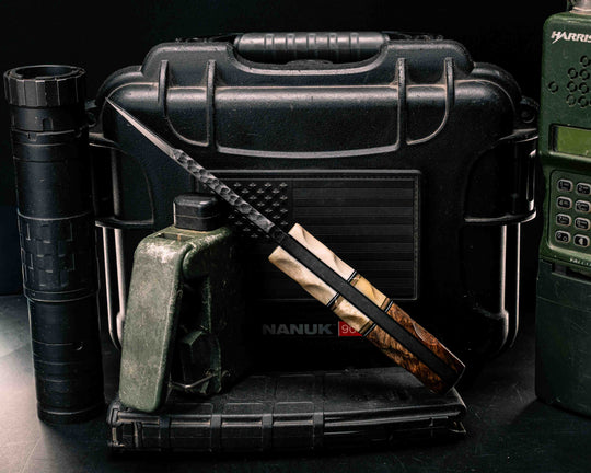 Disaster Breacher Gen 3- Giraffe Bone, Black G10, White G10, Brass and Coyote G10 Pin Striping, Giraffe Bone Split, Lion's Blood Amboyna, Mosaic Pins, Brass Lanyard Pin, Textured Grip