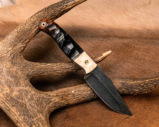 Crow Jr (Compound Grind)- Giraffe Bone, Black G10 and Brass Pin Striping, Bison Horn Split, Desert Ironwood, Mosaic Pins, Brass Lanyard Pin, Textured Grip