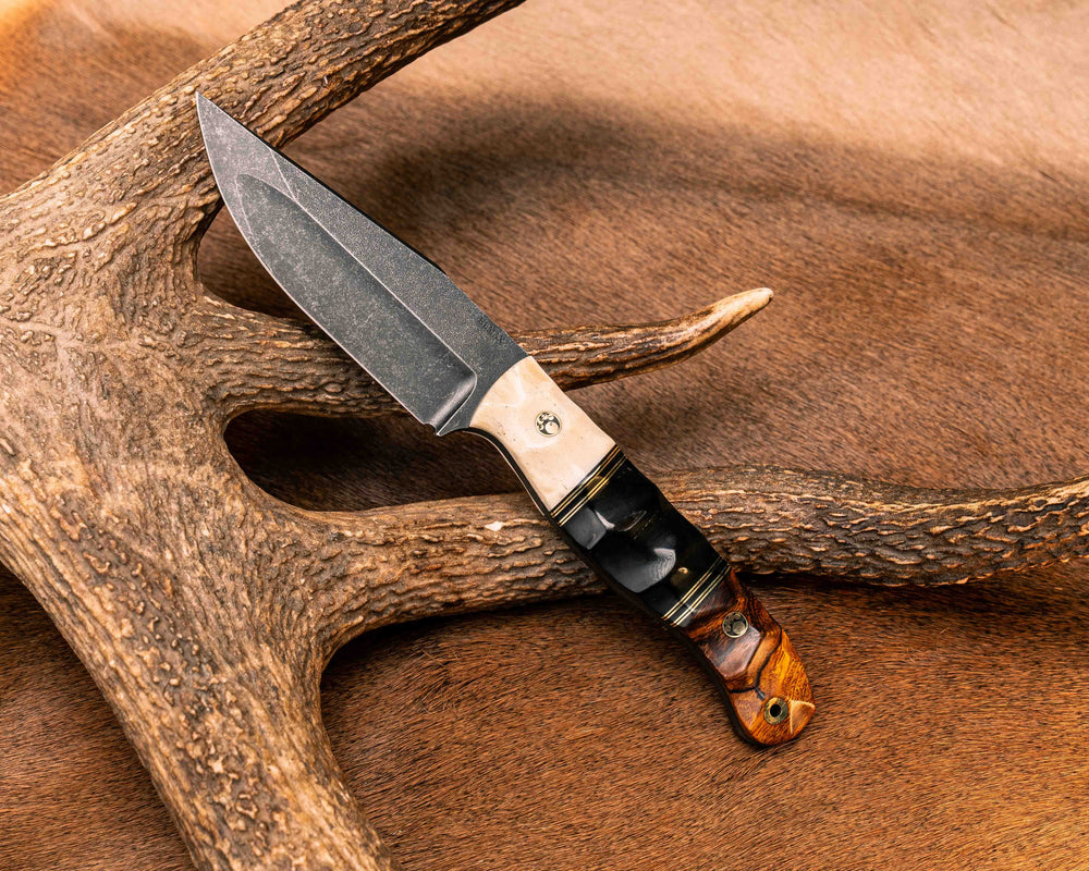 Crow Jr (Compound Grind)- Giraffe Bone, Black G10 and Brass Pin Striping, Bison Horn Split, Desert Ironwood, Mosaic Pins, Brass Lanyard Pin, Textured Grip