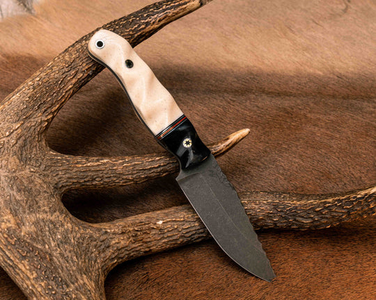 Crow Jr- Bison Horn, Black G10, Aluminum, Brass and Cherry G10 Split, Giraffe Bone, Aluminum Lanyard Pin, Textured Grip