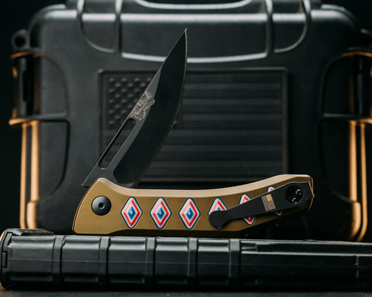 Custom Kwaiken Folder - Freedom Camo Quartz, Anodized OD Green Handle, Black Nitride Blade, Textured Grip, Deep Carry Pocket Clip