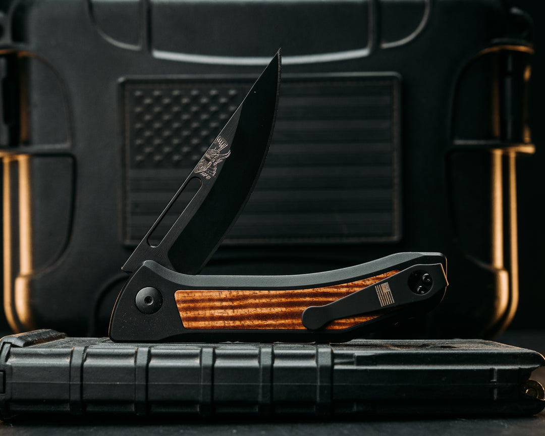 Custom Kwaiken Folder -  Hawaiian Curly Koa, Anodized Black Handle, Black Nitride Blade, Textured Grip, Deep Carry Pocket Clip