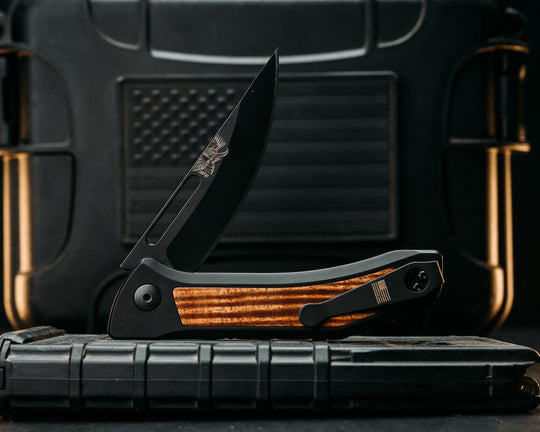 Custom Kwaiken Folder -  Hawaiian Curly Koa, Anodized Black Handle, Black Nitride Blade, Textured Grip, Deep Carry Pocket Clip