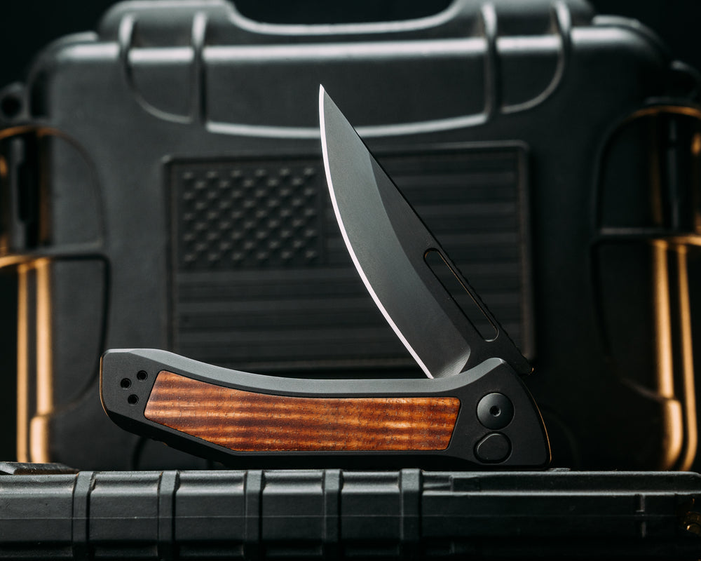 Custom Kwaiken Folder -  Hawaiian Curly Koa, Anodized Black Handle, Black Nitride Blade, Textured Grip, Deep Carry Pocket Clip