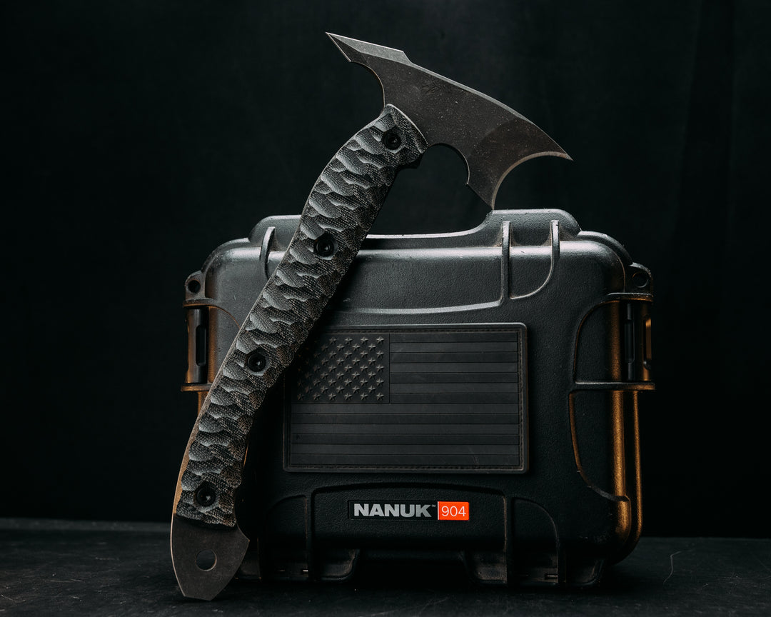 Crescent Hawk- Black Canvas Micarta, Allen Bolts, Textured Grip, Open Tang