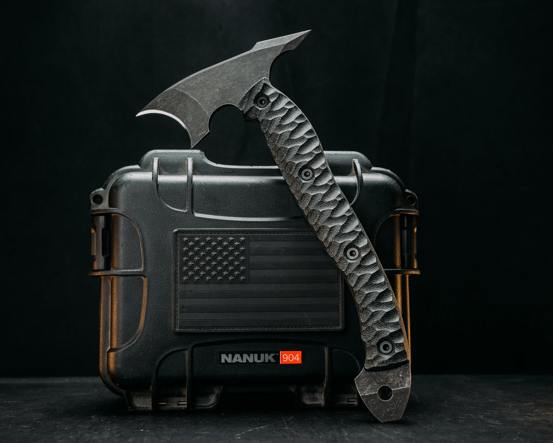 Crescent Hawk- Black Canvas Micarta, Allen Bolts, Textured Grip, Open Tang