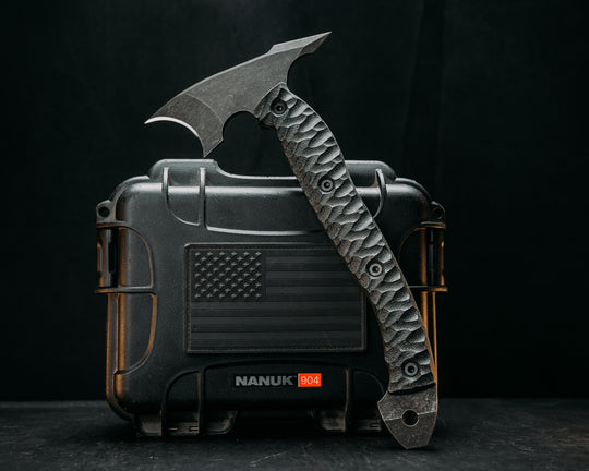 Crescent Hawk- Black Canvas Micarta, Allen Bolts, Textured Grip, Open Tang