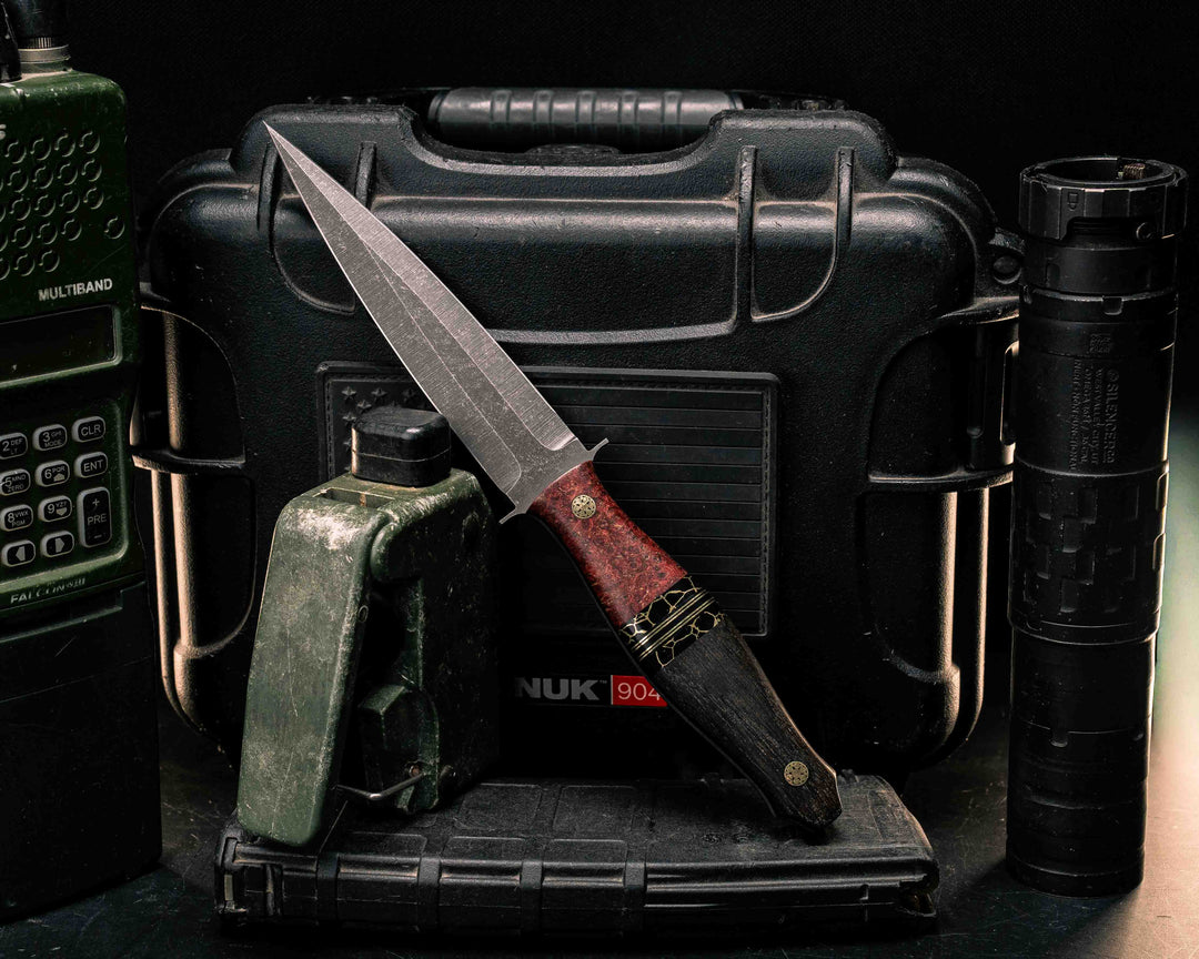 Fairbairn Sykes- Dyed Box Elder, Black with Gold Web Tru-stone Black G10 and Brass Split, Ancient Bog Oak, Mosaic Pins, Smooth Grip